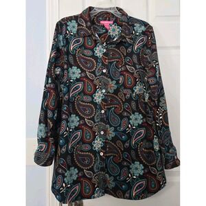 Woman Within Women's Large Paisley Long Sleeve Button Front Blouse Artsy Top